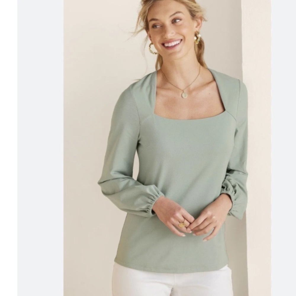 Soft Surroundings Maureen Square Neck Sprout Green Blouse - Picture 1 of 6